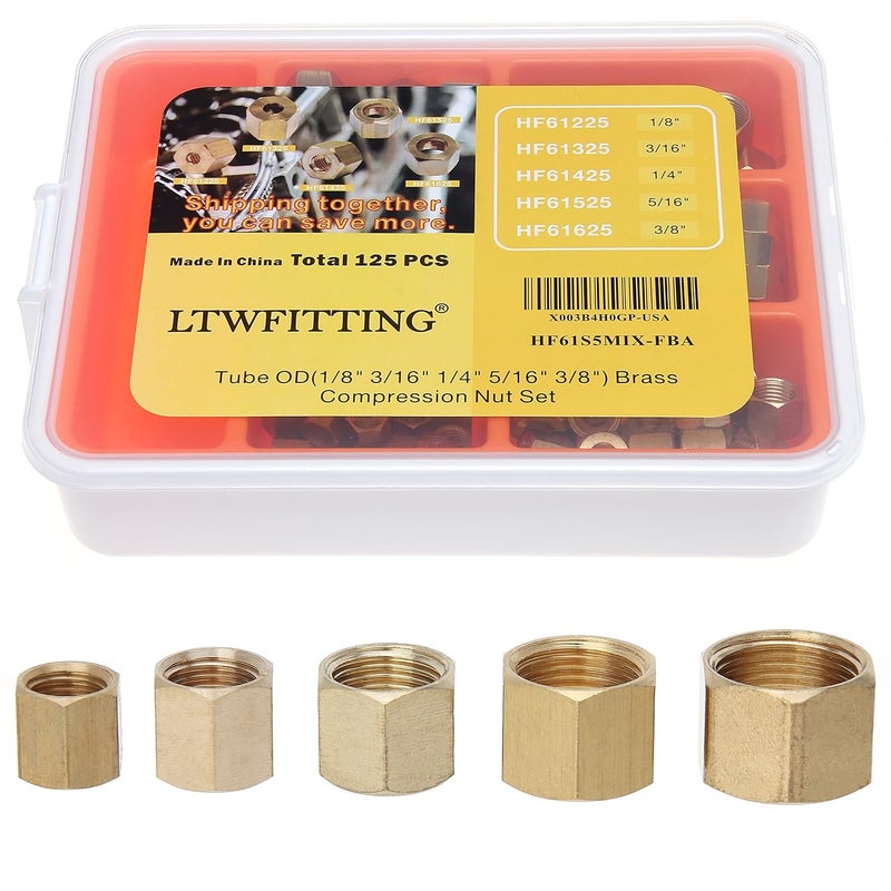 LTWFITTING Assortment Kit Tube OD 1/8" 3/16" 1/4" 5/16" 3/8" Brass Compression Nut Set (Pack of 125) - Image 1